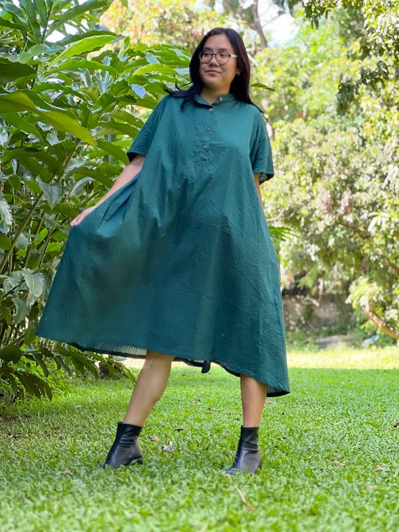 Boho Green Cotton Dress: Oversized Crinkle Cotton, Handmade