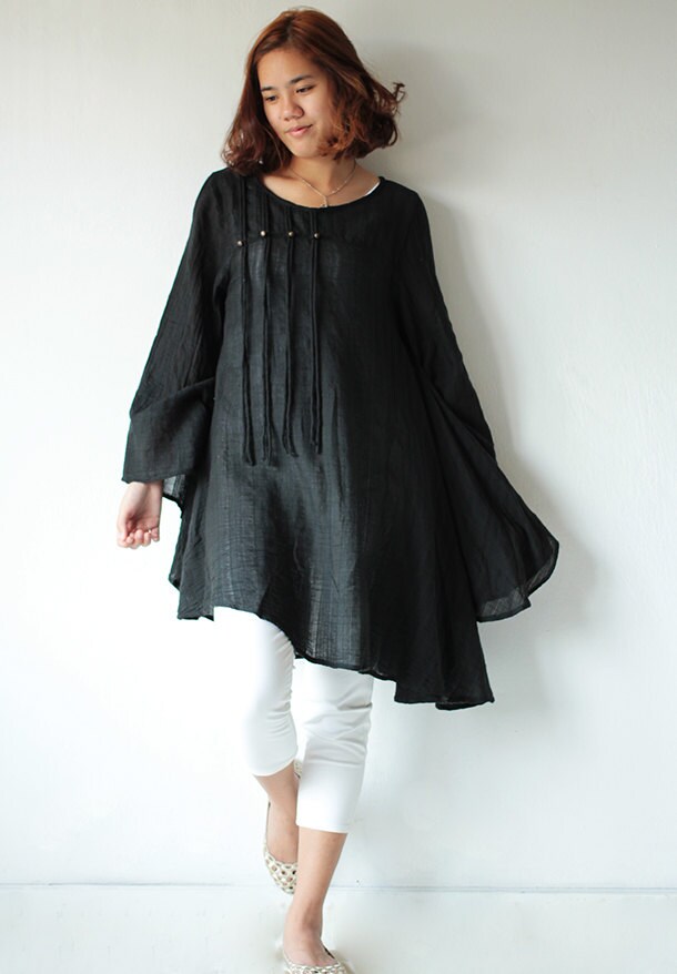 Kimono Sleeve Blouse ...linen/cotton .black.... Long Sleeve / - Etsy