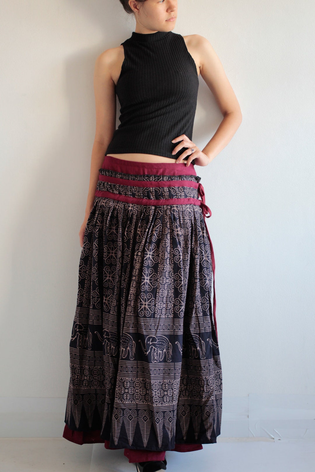 Maxi Skirt 2 Layers Full Length Hippie/chic/boho/......cotton Printed ...