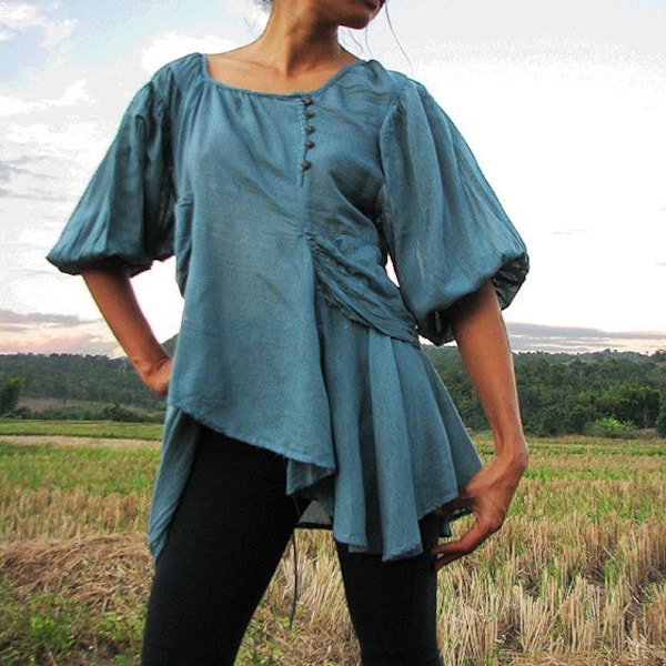 Blue Mix Silk Boho Blouse: Asymmetric Funky Top, Volume Sleeves (L,XL)