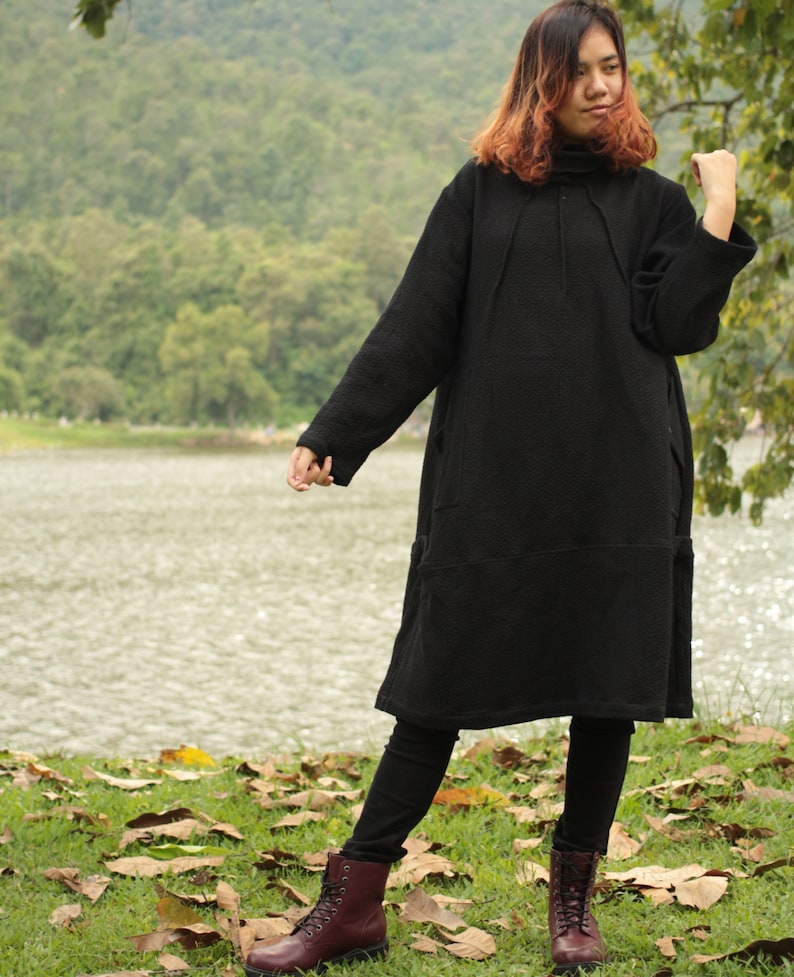 Long sleeve Tulip dress turtle neck...textured 2 layers thick cotton Black...one size fit most 1403 image 3