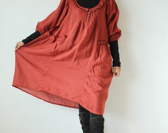 Semi long sleeves dress  (361D)...Rose Red  mixed silk in 4 sizes(361)