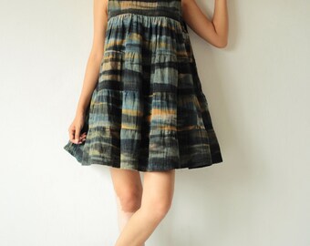 Hand Dyed Cotton Mini Dress, Striped Tiered Dress, Size M