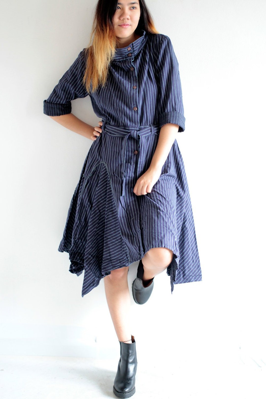 Knee Length Dress Cotton Mix Wool Striped M Size Long Sleeve - Etsy