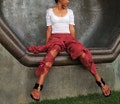 Rose Red Harem Pants: Swirl Patchwork, Adjustable Tie Leg