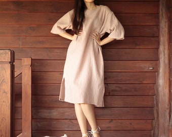 linen sajiko embroidery long sleeve side slit women dress styles casual simple