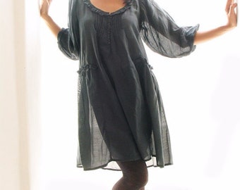 Semi long sleeves mini dress /Tunic blouse  (361D)..mixed silk pleated dress...All color/ in 4 sizes