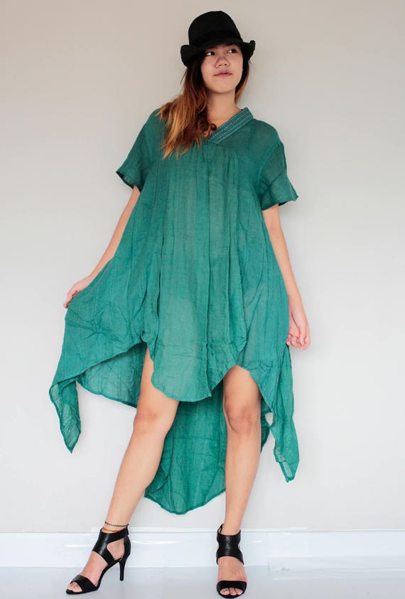 Cotton Linen Asymmetric Mini Dress, Earthy Green (Fits M-L)