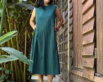 Handmade 100% Cotton Green Midi Dress, Sleeveless Boho Summer Clothing