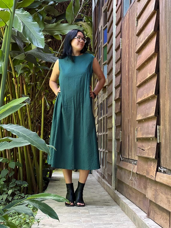 sleeveless boho midi dress Handmade 100% Cotton Green Midi Dress, Sleeveless Boho Summer Clothing