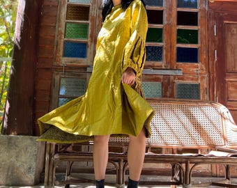 Linen A-Line Dress, Hand-Stitched Detail, L/XL