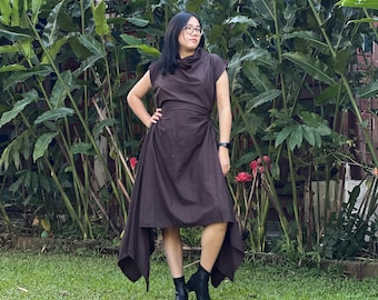 Asymmetrical Boho Brown Dress Drape Cotton Dress,Avant Garde Style