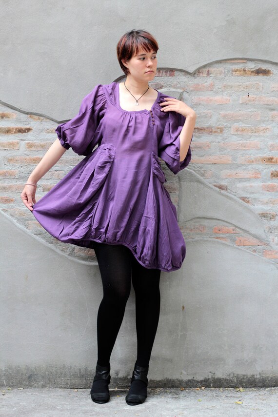 Asymmetric Mix Silk Mini Dress, Gathered Volume Sleeve, Coconut Buttons