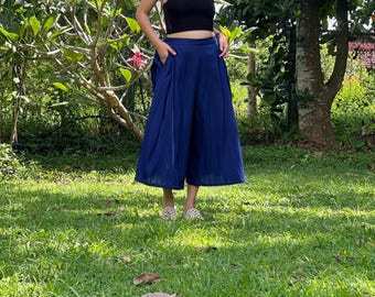 Boho Cotton Rayon Pants Women – Wide Leg Flow Pants, Lightweight Culottes, Navy color