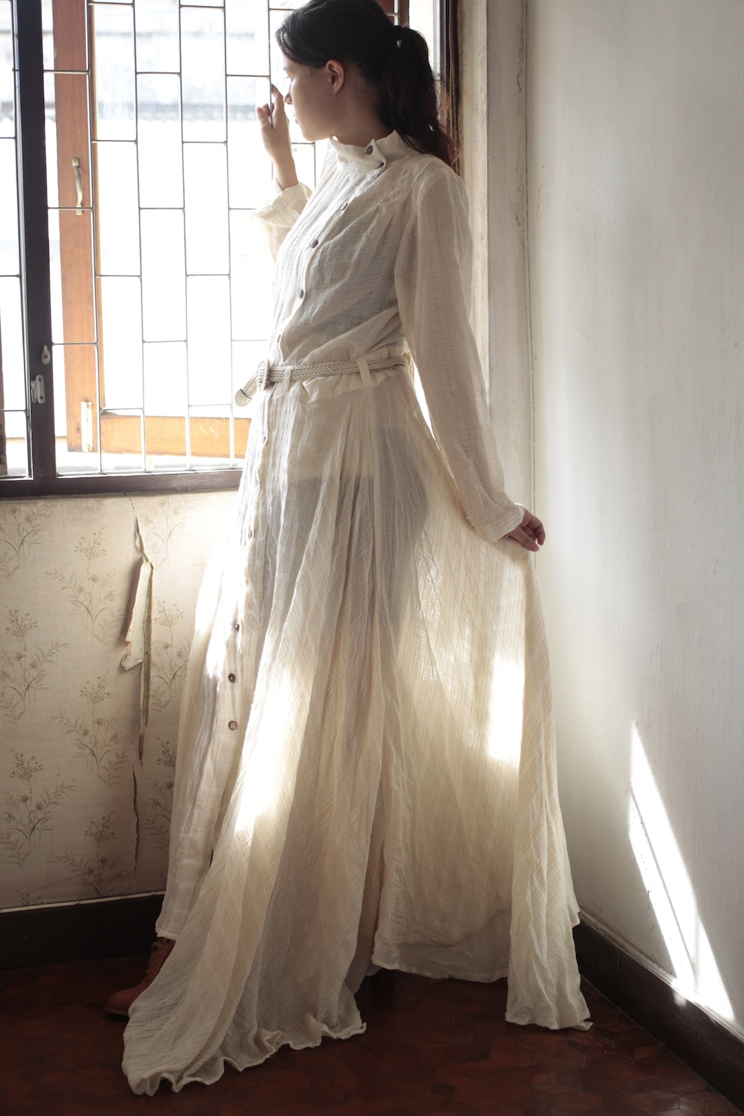 Ivory Long Corset-Style Dress - Premium Linen
