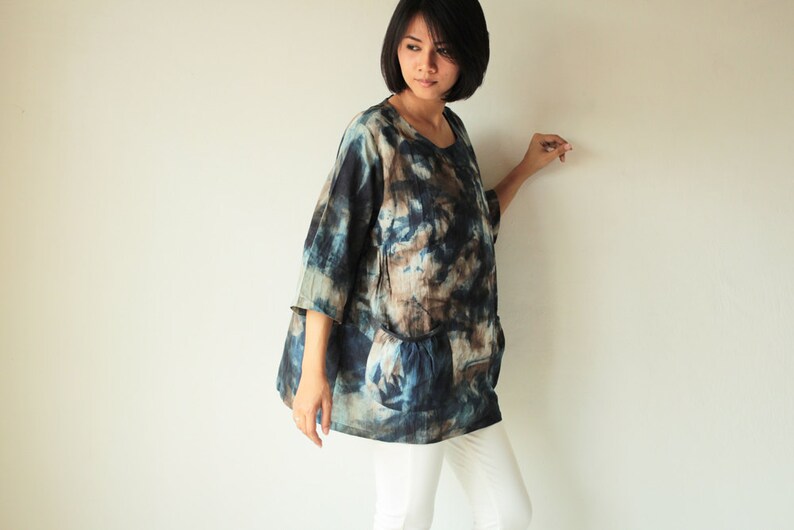 Natural dye and hand painted blouse Round neck in only one size image 5