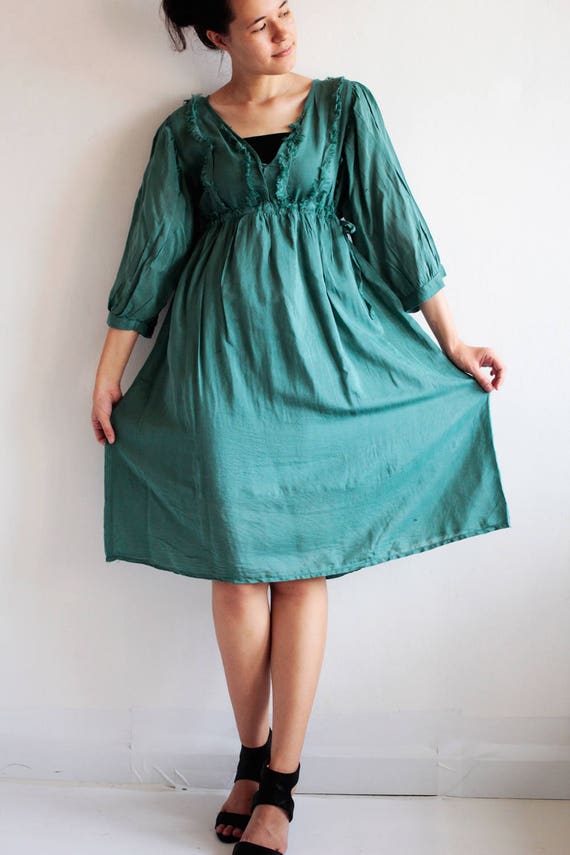 Mix Silk Empire Waist Dress: Teal Fringe Trim, Puffy Sleeves