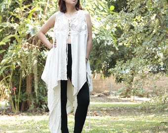 Hand-Stitched Cotton Sleeveless Blouse: Layered White Top