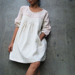 Mini dress/Tunic blouse Tone poem...100% cotton, Ivory dress with hand stitches red thread detail 1402 image 1