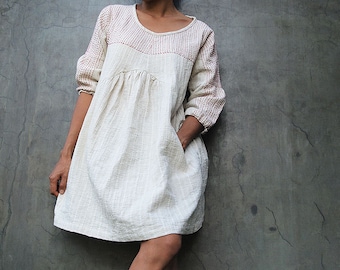 Mini dress/Tunic blouse Tone poem...100% cotton,  Ivory dress with hand stitches  red thread detail (1402)