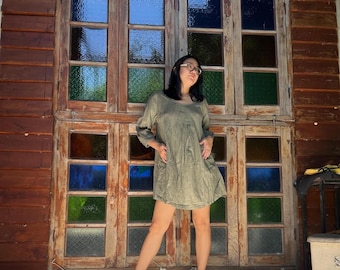 Cotton Mini Dress Tunic, Hand-Stitched Detail, Empire Waist