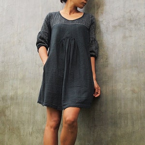 Mini Dress/Tunic tone poem 100% cotton hand stitched white thread 1402. image 2