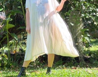 Handmade Cotton Crinkle Dress: Boho Oversized A-Line, Coconut Buttons
