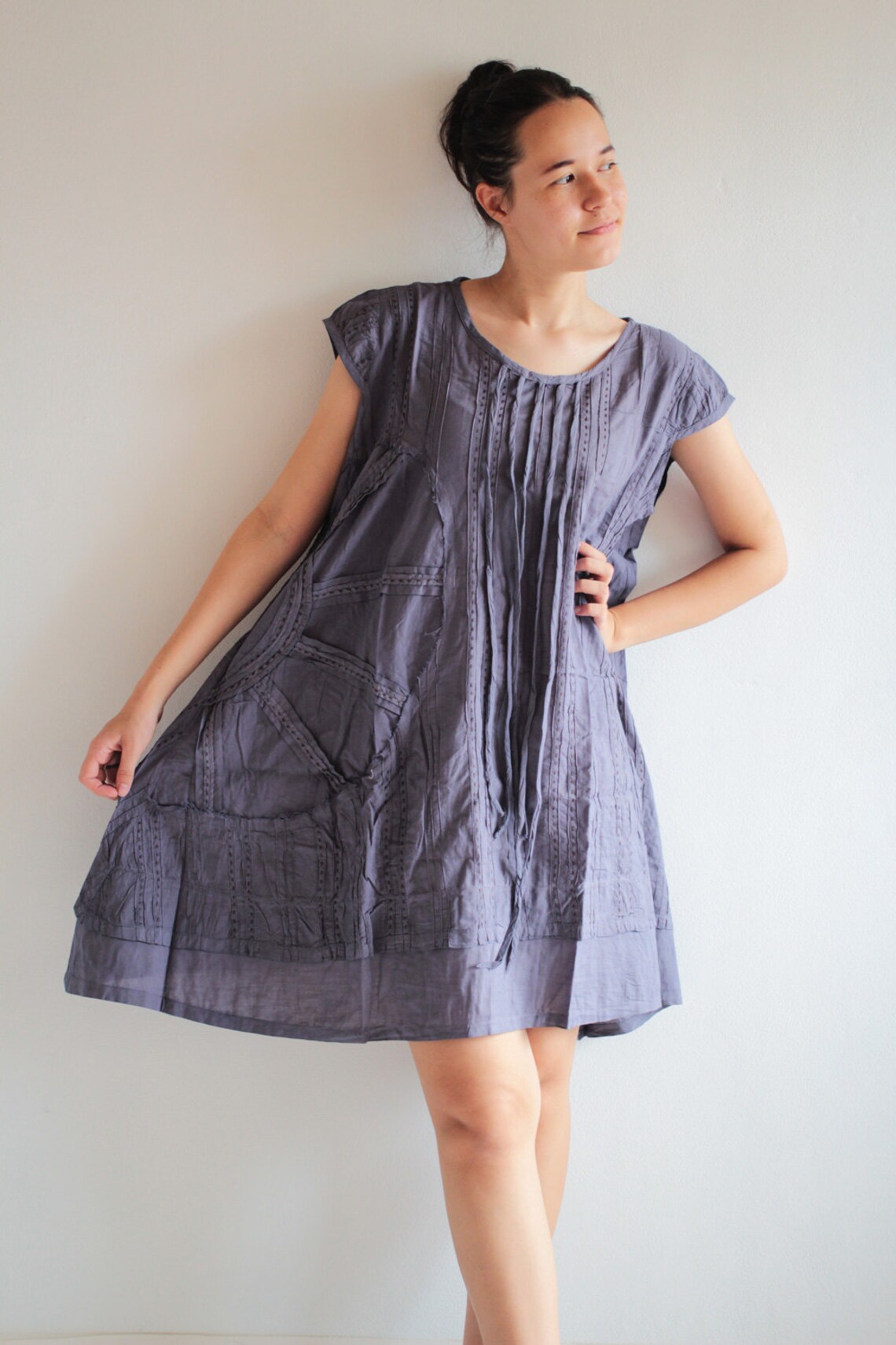 Dress/pleated Dress Knee Length 100 Cotton Size M 1404 Plus Etsy