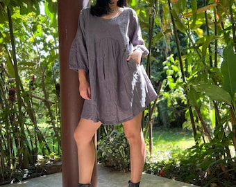 Cotton Mini Dress Tunic - Hand Stitched Detail, Empire Waist