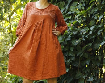 Hand-Stitched Cotton Mini Dress, Orange Tunic with Pockets (Size M)