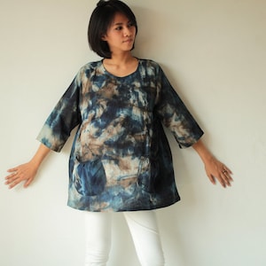 Natural dye and hand painted blouse Round neck in only one size image 2