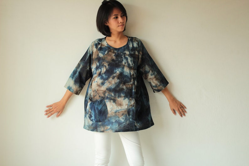 Natural dye and hand painted blouse Round neck in only one size image 2