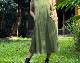 Handmade Cotton Midi Dress: Sleeveless Boho Summer Dress, Green