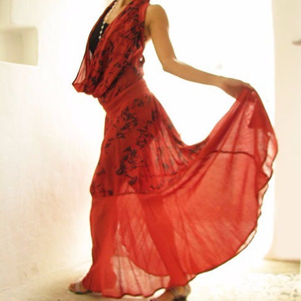 Maxi dress.323..Deep red mix silk...1 dress 10 ways to wear M