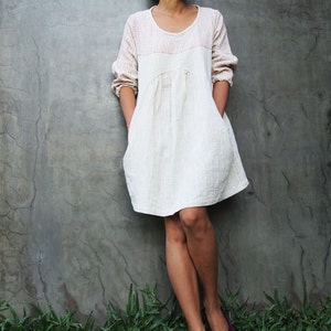 Mini dress/Tunic blouse Tone poem...100% cotton, Ivory dress with hand stitches red thread detail 1402 image 3