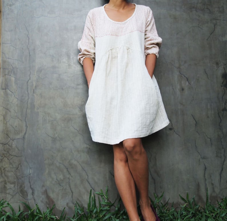 Mini dress/Tunic blouse Tone poem...100% cotton, Ivory dress with hand stitches red thread detail 1402 image 3