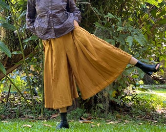 Boho Cotton Rayon Pants Women – Wide Leg Flow Pants, Lightweight Culottes, yellow color
