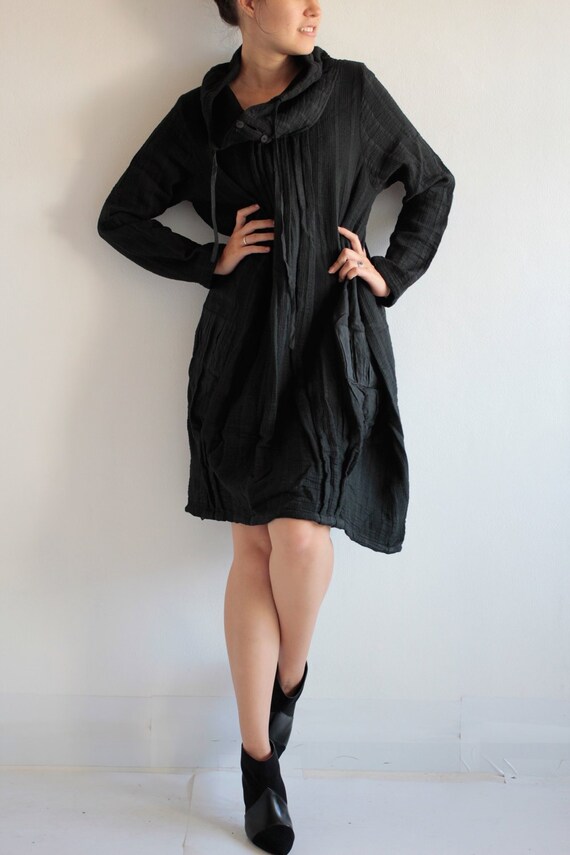 Cotton Long Sleeve Dress: Pleated Tulip Style, Turtle Neck