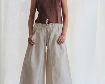Chambray Linen Pants: Wide Leg Petal Hem, Elastic Waist