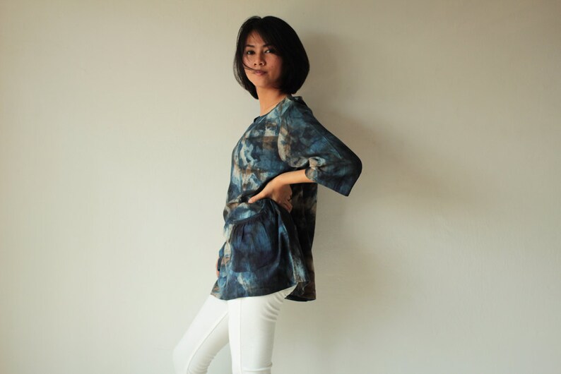 Natural dye and hand painted blouse Round neck in only one size image 4
