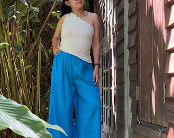 Cotton Wide Leg Palazzo Pants: Blue Beach Trousers, Elastic Waist (Size M-L)