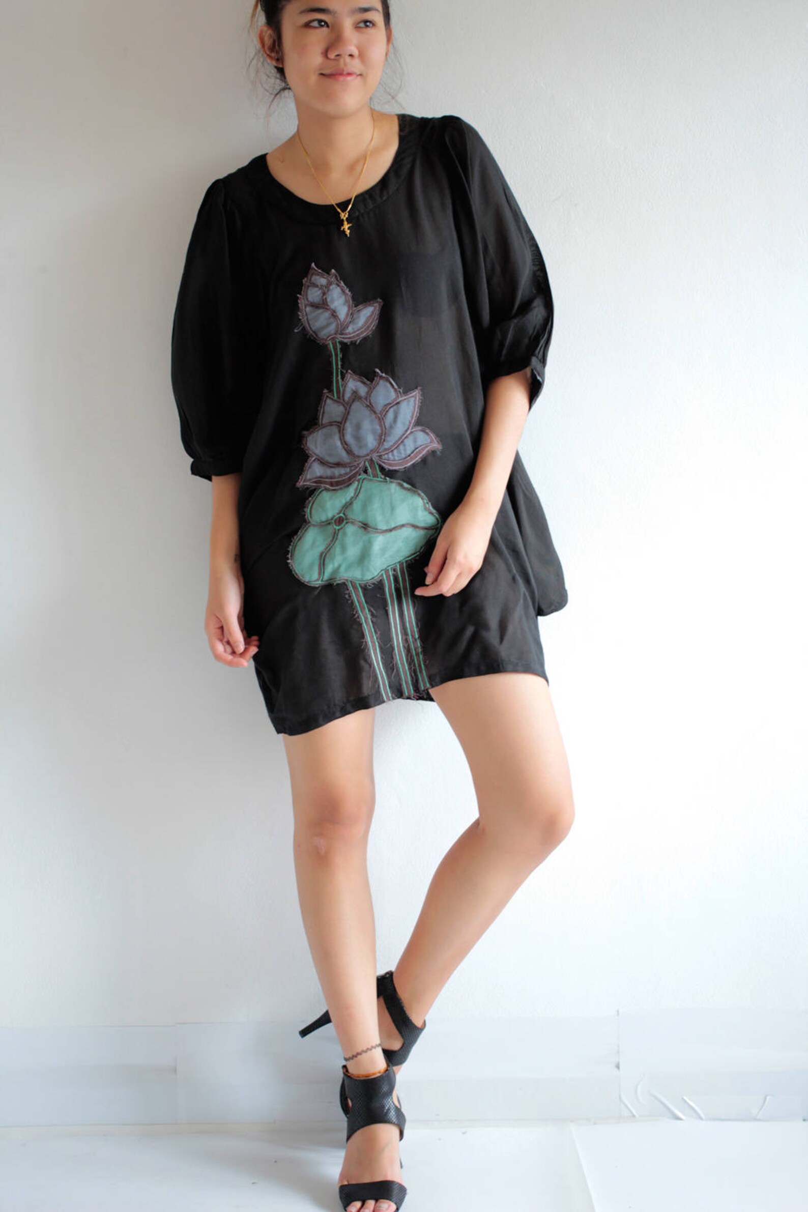 Lotus Chic Contour Long Sleeve Buttoned Knit Mini Dress