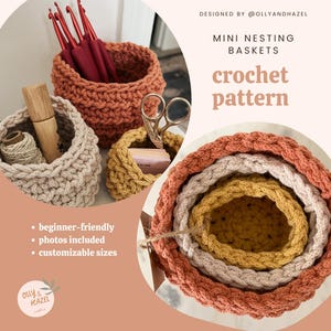 May include: A set of three crocheted nesting baskets in shades of orange, beige, and yellow. The baskets are made with a braided stitch and are perfect for organizing small items. The image includes the text "MINI NESTING BASKETS crochet pattern".