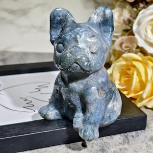 Natural Moss Agate Bulldog Sculpture, Home Decor, Crystal Dog Decor, Gemstone Dog Gift, Energy Crystal, Crystal Animal Decor, Healing Stone