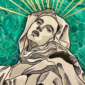 May include: A black and white ink drawing of a woman's face with a halo of gold rays against a teal and white marbled background.