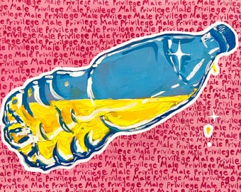 May include: A blue and yellow plastic bottle with a white outline, lying on a pink background with the words "Male Privilege" repeated.