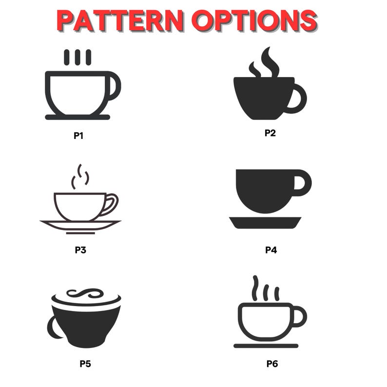 May include: Six different black and white illustrations of coffee cups with steam coming from the top. The cups are labeled P1 through P6.