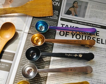 Personalized Coffee Scoop and Bag Clip-Custom Coffee Lover's Gift-Coffee Bag Clip-Personalized Coffee Measuring Spoon-Filter Coffee Sealer