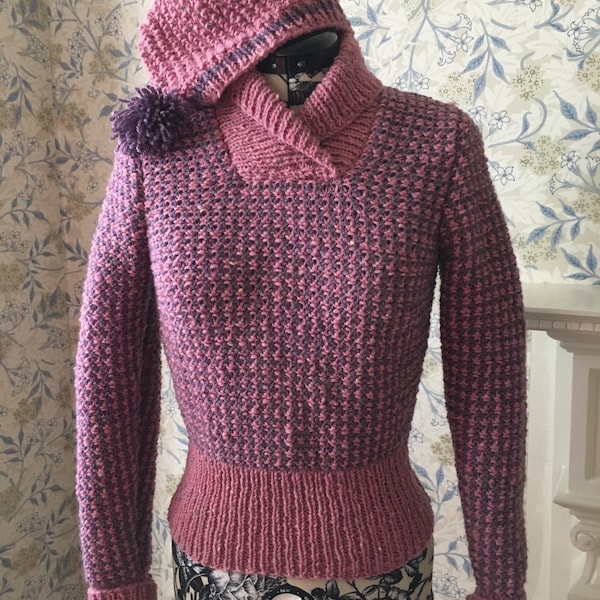 Vintage 1950s Style Handknitted Shawl Collared Jumper/ Sweater and Two Hats Cap and Beret / Ski Jumper Donegal Tweed Wool / Pink Grape