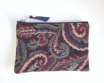 Floral Pouch. Zippered Pouch. Brocade Pouch. Leather Pouch. Paisley Bag. Repurposed. Makeup Bag. Cosmetic Bag.